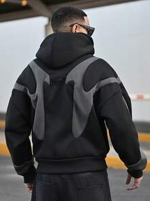 Devon Thys 男士针织休闲日常宽松长袖连帽卫衣，适合上学、秋季、冬季穿着，情侣款 - 黑色 - 查看 2