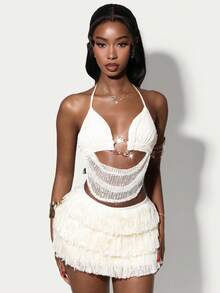 Amplova 2026 New Textured Sheer Top With Fringe A-Line Hem Women's Suit - Apricot - View 3