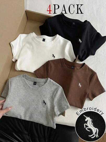 EMERY ROSE 4 قطع ملابس علوية قصيرة الأكمام متعددة الألوان مصنوعة من الأقمشة المحبوكة للنساء ذوات الأحجام الكبيرة، بياقة دائرية مطرزة بتصميم وحيد القرن أنيق