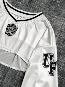 Glimmora 女士V领数字印花露脐时尚性感长袖上衣 - 米色 - 查看 6