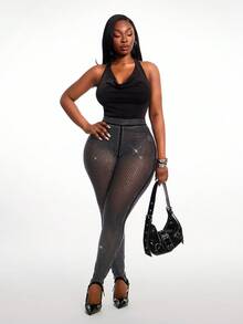 Radiana Plus Size Women's Rhinestone Embellished Casual Versatile Skinny Leggings, Suitable For Spring & Summer Black See Through Leggings Fishnet Leggings Black Mesh Pants Black See Through Tights Rhinestone Leggings Leggings For Women High Waisted Sexy Versatile Luxury Outfits - Black - View 8