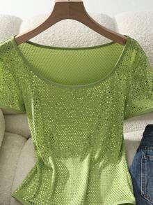 Franclia Casual Sequin Round Neck Short Sleeve T-Shirt, Summer - Green - View 1