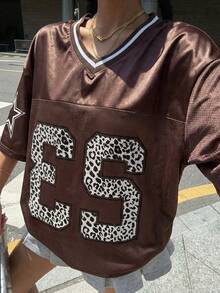 Muchica 棕色网眼V领宽松印花女式T恤 - 棕色 - 查看 3