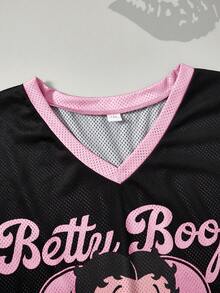 Betty Boop x SHEIN 大码女式V领卡通字母印花休闲百搭日常短袖T恤 - 黑色 - 查看 5