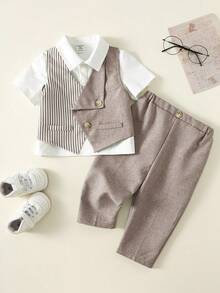 SHEIN 1 bộ đồ bé trai mùa xuân/hè thời trang dễ thương, áo vest sọc xanh phối màu và quần dài, trang phục quý ông trang trọng, phù hợp cho kỳ nghỉ, đám cưới, đầy tháng, lễ rửa tội, tiệc sinh nhật 1 tuổi, tiệc mừng em bé sắp chào đời, thanh lịch, khách mời đám cưới, phù rể nhí, cậu bé cầm nhẫn, đám cưới, lễ Phục sinh - Màu Khaki - Xem 3