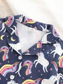 女婴甜美可爱优雅休闲舒适柔软阻燃针织独角兽彩虹卡通印花开衫短袖上衣和短裤睡衣套装，两件套家居服 - 彩色 - 查看 5