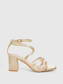 CUCCOO SZL 女士金属细带粗跟凉鞋，魅力金色绑带凉鞋，适合夏季毕业舞会、度假、返校、大学生、派对、时尚、迪斯科、夜生活、春季、春假、复活节、圣诞节等场合。 - 杏色1 - 查看 2