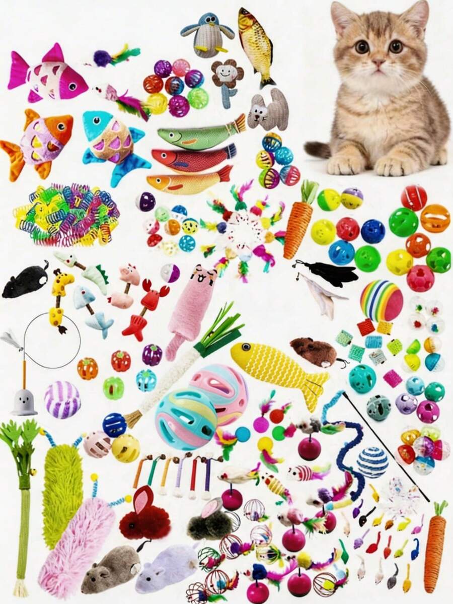 PETSIN 1/3/5/15/20 必备猫玩具，猫铃铛球，磨牙玩具，剑麻球玩具，逗猫棒，铃铛发声玩具，猫老鼠，猫玩具，宠物用品，生日礼物，宠物玩具套装 - 彩色 - 查看 1