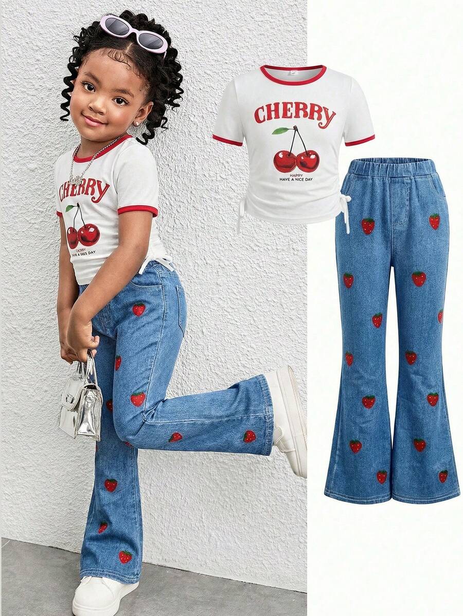 SHEIN 2pcs/Set Young Girl Casual Cute Sweet Round Neck Cherry Print Tight T-Shirt And Flared Pants Outfit - Red and White - View 1