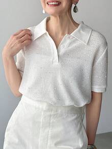 FRIFUL Women's Partial Placket Polo Collar Semi-Sheer Basic Comfortable T-Shirt - Beige - View 8