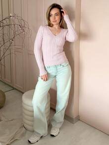 Katetique 女士秋冬纹理针织拼布修身连帽运动衫、休闲性感开衫 - 粉色 - 查看 1