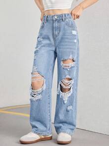 少女休闲百搭直筒牛仔裤，带口袋、纽扣和做旧设计 - 淺色水洗藍 - 查看 2