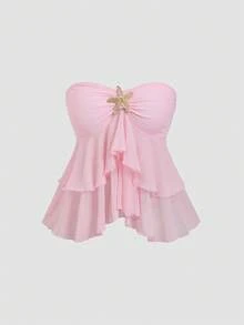 Sunnyshic Y2K Sexy Ruffle Hem Cropped Camisole Top, Versatile For Vacation - Pink - View 1