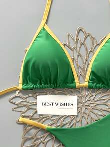 Swim Vcay Neck Tie Colorblock Thong Bikini Set, Cute Swimwear - Green - View 8