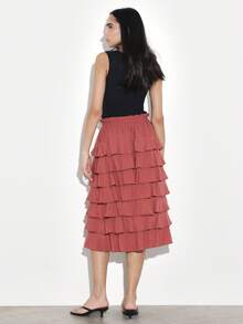 KSTM Falda midi con volantes de cintura alta con cintura elástica, con capas, fluida, de estilo femenino para primavera y verano - Naranja - Ver 2