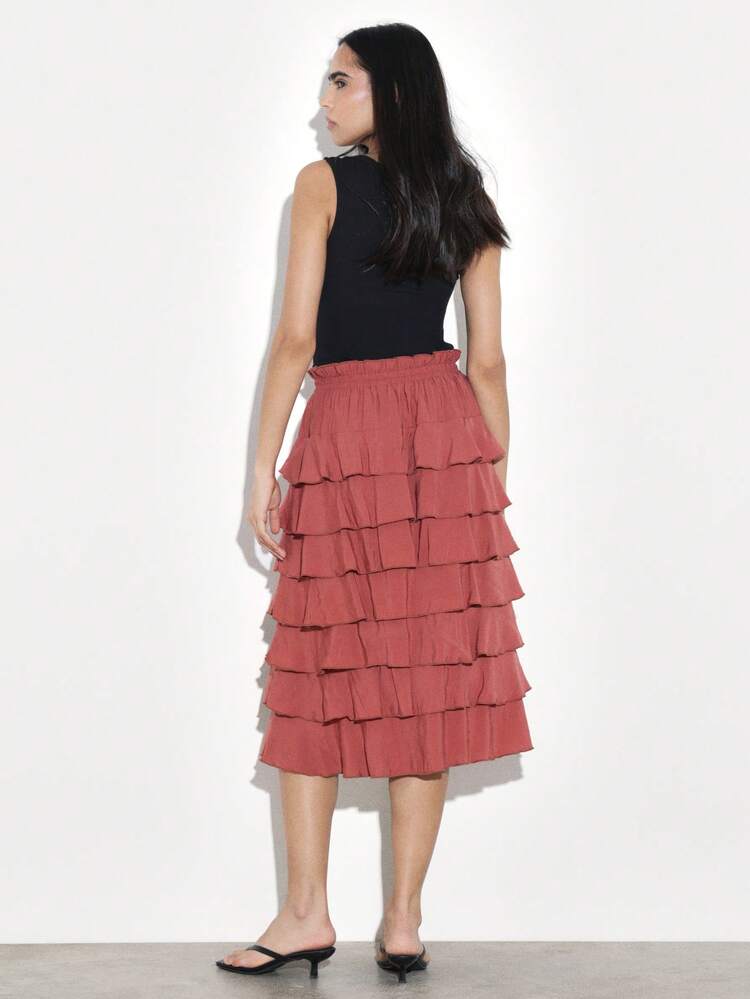 KSTM Women's Tiered Ruffle Midi Skirt High Waist Elastic Waistband Layered Flowy Spring Summer Feminine Style
