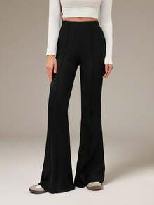 SHEIN Tall Pantalones acampanados de mujer con borde de lechuga elástico - Negro - Ver 1