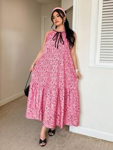 Celure Plus Size French Rose Print Pink Floral Dress,Sleeveless Irregular Ruffle Hem Flared Skirt,Cute Summer Holiday Beach Vacation,Date Party - Pink - View 1