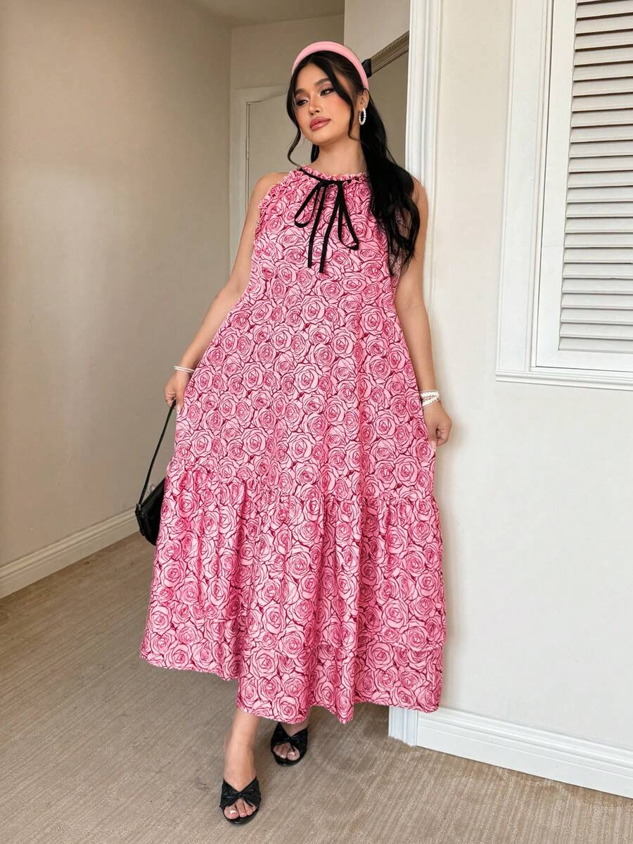 Celure Plus Size French Rose Print Pink Floral Dress,Sleeveless Irregular Ruffle Hem Flared Skirt,Cute Summer Holiday Beach Vacation,Date Party - Pink - View 1