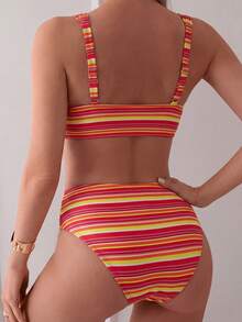 Swim Mod Set Bikini 2 Potong Wanita Musim Panas dengan Motif Warna Acak, Atasan Tali dan Celana Pendek Renang Pinggang Tinggi, untuk Liburan Pantai - MultiWarna - View 2