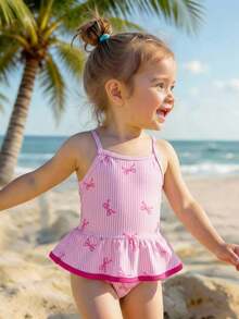 SHEIN Baby Girl Striped Bow Print Ruffle Casual Beach Vacation Spaghetti Strap One-Piece Swimsuit - Red - View 2