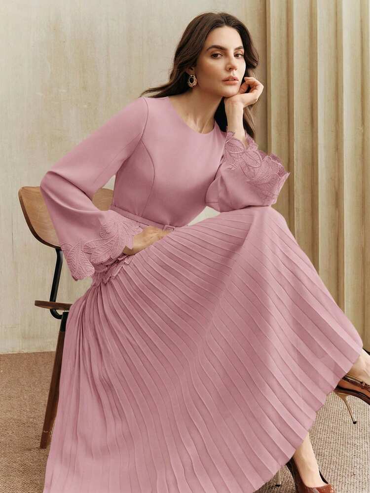 Women's Spring Pink Vintage Elegant Embroidered Waist Pleated Dress Pink Dress Elegant Dress