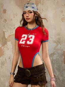 Rina Fox 女士休闲时尚街头风日常通勤数字字母印花撞色包边短袖高开衩连体衣，夏季 - 紅色 - 查看 3