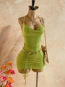 Soleia Women's Backless Halter Drawstring Mini Dress, Suitable For Beach & Vacation - Green - View 6