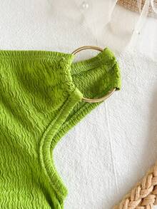 Travachic KIDS 少女夏季休闲百搭绿色纹理不对称肩部上衣 - 綠色 - 查看 4