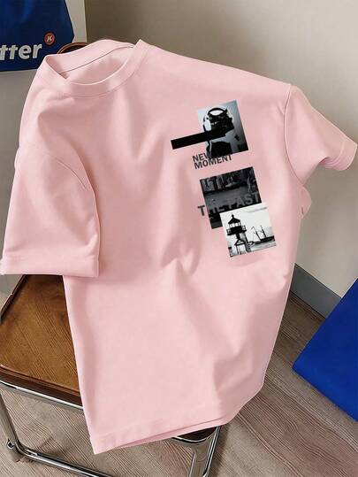 Claim Dot Men's Modern Streetwear Vintage Cat & Lighthouse Patchwork Round Neck Short Sleeve T-Shirt