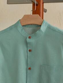 Manfinity VCAY Men Cotton Mock Neck Patch Detail Plain Casual Short Sleeve Shirt, For Husband - Mint Green - View 5
