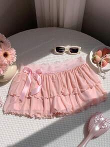 Comfortcana 女士浅粉色撞色蕾丝蝴蝶结装饰荷叶边A字裙，时尚新年装 - 淺粉色 - 查看 3