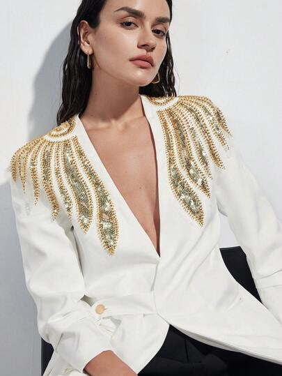 Aveloria Modichic Blazer-Jacke mit Pailletten-Schulterpartie, metallischen Flügel-Applikationen, V-Ausschnitt und Bindegürtel, elegante Büromode für Frauen