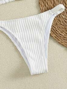 Bonvoyette 极简主义纹理面料串珠比基尼上衣和丁字裤套装，夏季海滩度假泳装 - 白色 - 查看 5