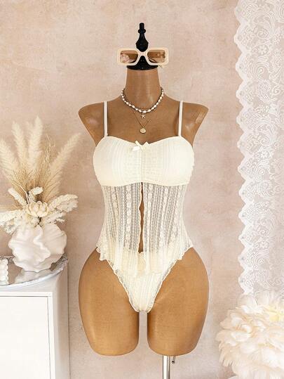 Swim Mod New Knitted Jacquard Spaghetti Strap Backless Bow Decor Goddess Bikini Set, Flared Hem Triangle Shorts, Beach Holiday Casual For Women