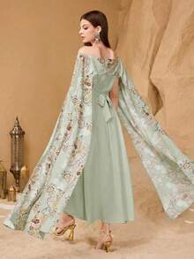 Modelyn Elegant Floral Decor Women's Cinched Waist Flattering Midi Dress - Pastel Green - View 2