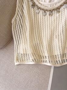 Resyla Áo dệt kim khoét lỗ trang trí mặt dây chuyền phong cách thường ngày dành cho nữ, thích hợp cho kỳ nghỉ. - Màu be - Xem 5