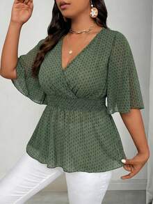 Elenzga 大码褶皱荷叶袖短袖喇叭腰雪纺印花衬衫 - 綠色 - 查看 4