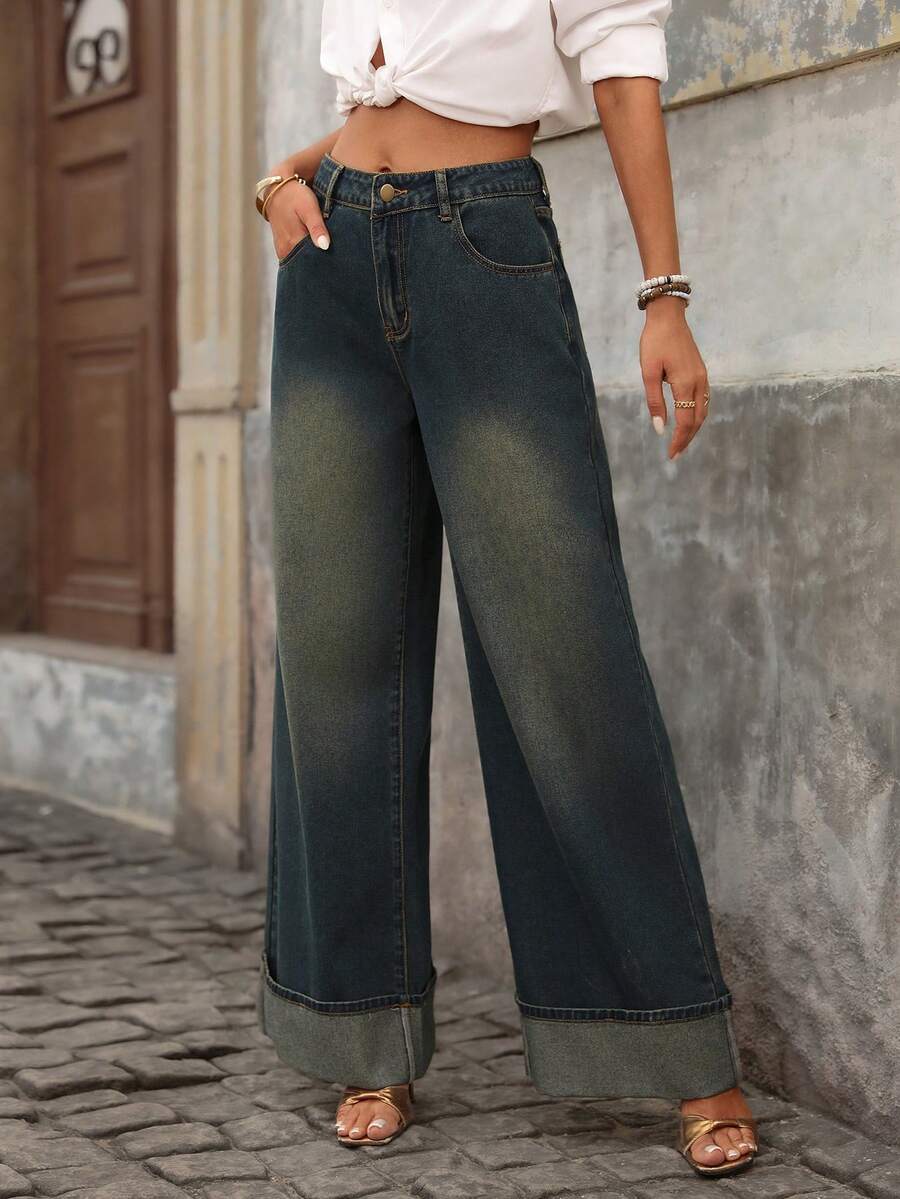 Attitoon Women's High Waist Pockets Wide Leg Loose Casual Jeans - Dark Wash - View 1