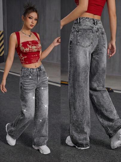 Teen Girls Gray Denim Jeans, Casual Fashion School Style, Rhinestone Decor Loose Wide Leg, Comfortable & Soft, Suitable For Campus, Outdoor Activities, Spring/Summer