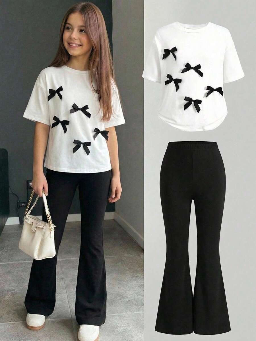 SHEIN 青少年女孩服裝套裝,蝴蝶結裝飾白色T恤與黑色喇叭褲2件套,可愛夏季返校穿搭,黑白配色,Tween女孩 - 黑與白 - 查看 1