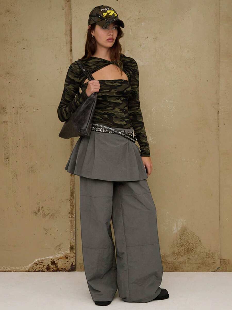 COUREZ 低腰迷你裙搭配阔腿裤，尼龙材质 - 灰色 - 查看 1