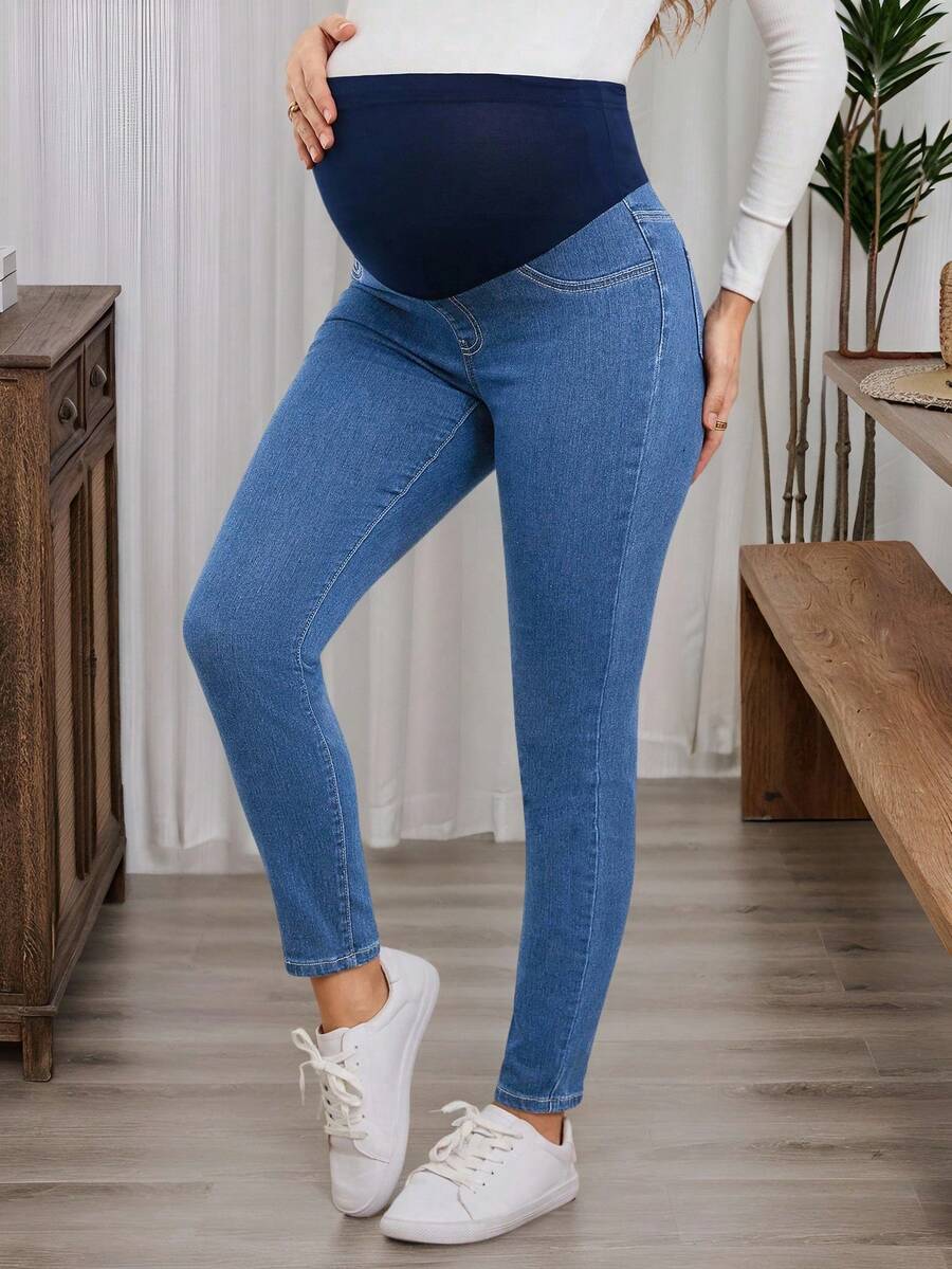 SHEIN Jeans casuales de unicolor para maternidad - Azul lavado medio - Ver 1