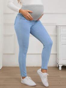 SHEIN Maternity Solid Color Casual Jeans - Light Wash - View 4