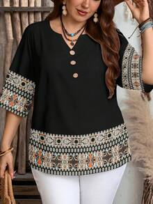 EMERY ROSE Plus Size Casual Minimalist Shirt, Suitable For Summer - Black - View 3