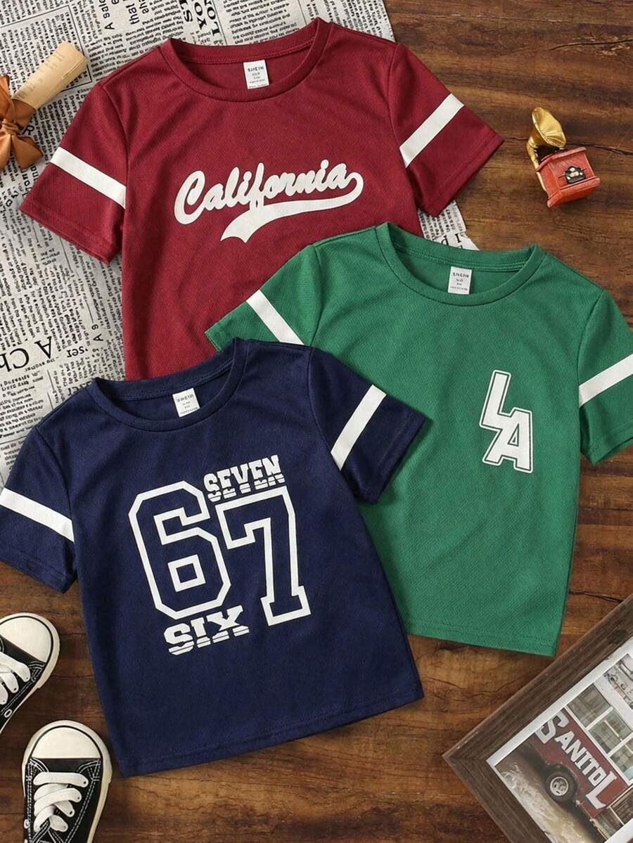 SHEIN 3件套男童运动风多色字母印花圆领短袖T恤,休闲校园风,舒适百搭,适合日常穿着、外出、户外活动、度假、海滩度假、夏季、春季和夏季 - 彩色 - 查看 1
