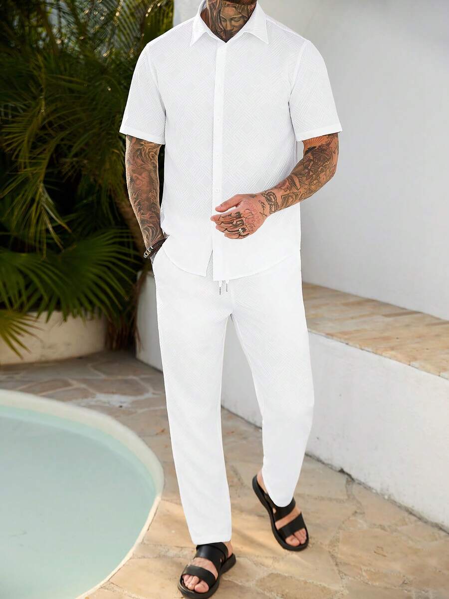 Manfinity Homme Men's Solid Color Front Button Short Sleeve Casual Shirt Set, Versatile For Summer - White - View 1