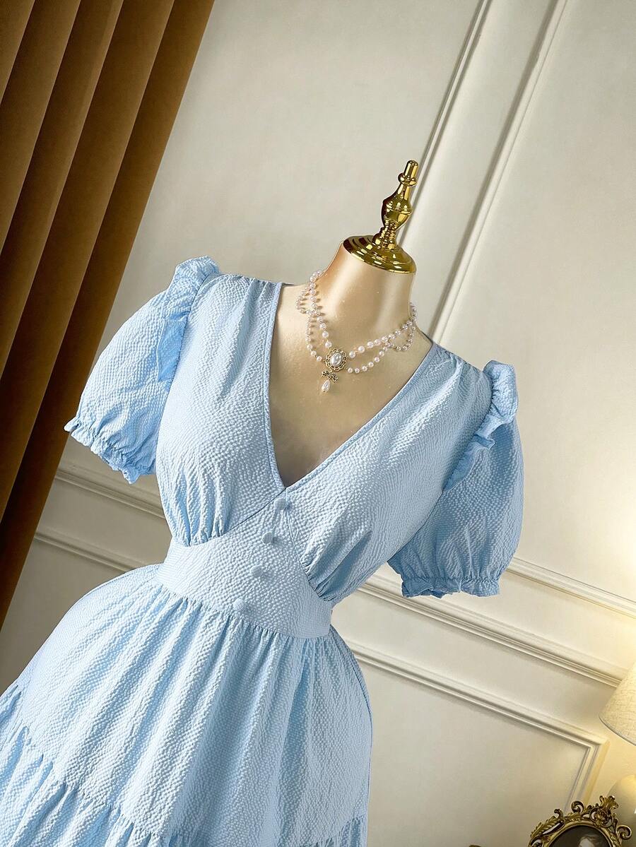 Rometta 大码女式纯色V领短袖喇叭连衣裙 - 藍色 - 查看 1