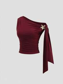 Sweetra 新款不对称金属扣优雅通勤日常时尚不对称领抽绳设计T恤 - 酒紅色 - 查看 6