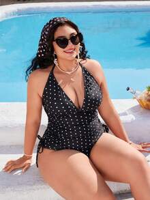 Swim Mod Plus Size Women's Sweet Polka Dot Print Beach Vacation Bikini Set - Black and White - View 6